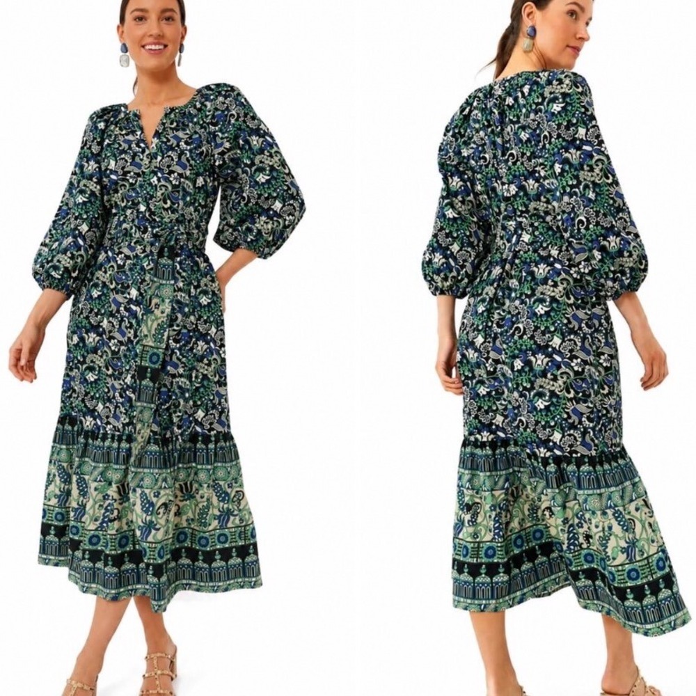 Tuckernuck Blue Green Floral Parsley Tiered Puff Slve Midi Dress no belt XS XXS